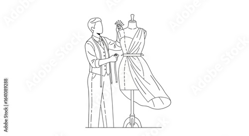 Line art of a faceless male fashion designer meticulously pinning a draped dress onto a mannequin.