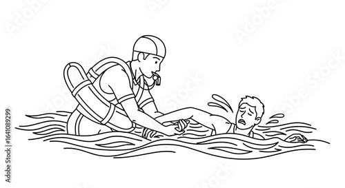 Line art of a lifeguard with a rescue tube and whistle performing a water rescue on a drowning man.