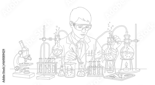 Line art of a young scientist in a lab coat and goggles conducting a complex chemistry experiment.