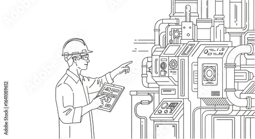 Male engineer in a hard hat using a tablet to control complex industrial machinery, a black and white line art illustration.