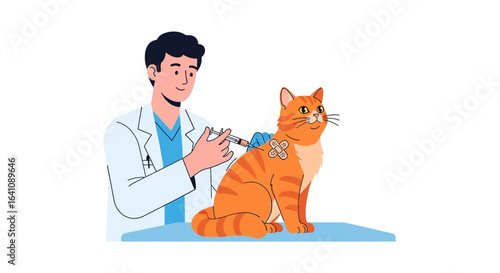 Male veterinarian in a white coat giving an injection to a calm orange tabby cat with a bandage on its shoulder.