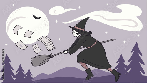 A witch flying on a broomstick with money in the night sky with a full moon and pine trees below