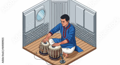 Man in Blue Kurta Playing Tabla Drums with Intricate Henna Designs