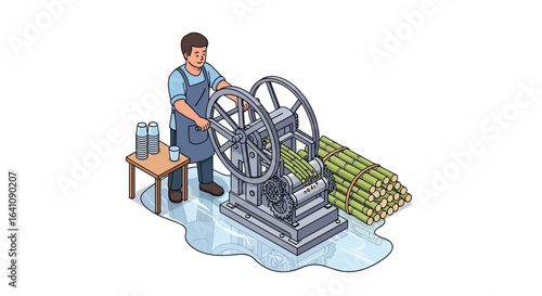 Man operating a vintage sugarcane juice extraction machine with fresh sugarcane stalks