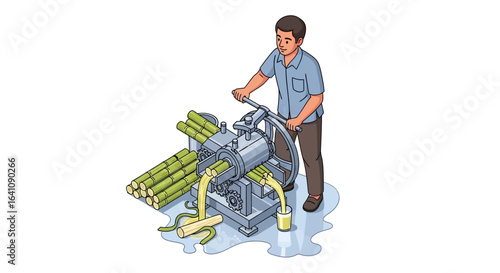 Man Operating Traditional Sugarcane Juicer Extracting Fresh Juice from Green Stalks