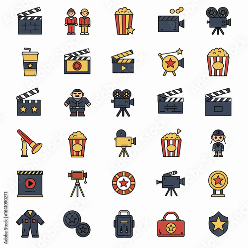 A collection of colorful vector icons representing various aspects of filmmaking, including cameras, clapperboards, popcorn, and film crew.