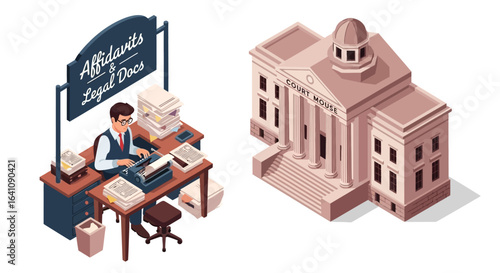 Man typing on vintage typewriter at desk with legal documents and courthouse building