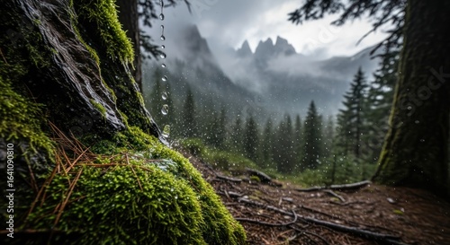 Rainfall on mossy tree trunk in mountain forest with coniferous trees and cloudy sky