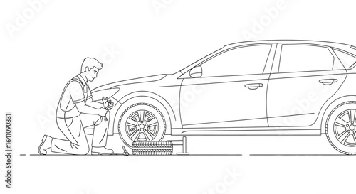Minimalist line art of a mechanic in overalls kneeling to change a car tire with a lug wrench.
