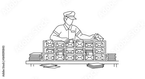 Minimalist line art of a postman in uniform sorting letters into a large mail case.
