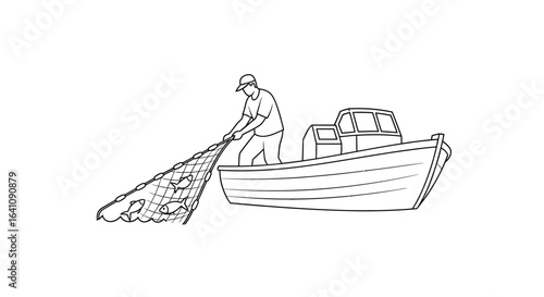 Minimalist line drawing of a fisherman hauling a fishing net with his catch onto a small boat.