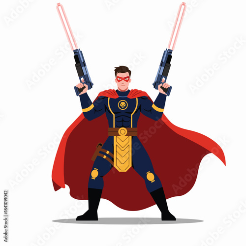 Futuristic costumed hero with dual laser blaster rifles. A powerful sci-fi warrior in a red cape standing ready for action.