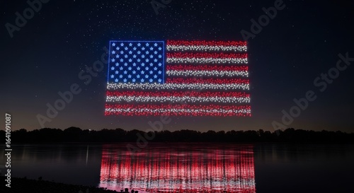 Spectacular drone show illuminating the night sky with the American flag over water