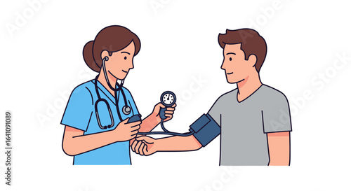 Nurse measures blood pressure of a patient with sphygmomanometer.