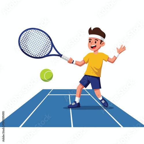 Cartoon illustration of a young boy playing tennis, making a powerful forehand swing on a court. Concept of youth sports and active lifestyle.
