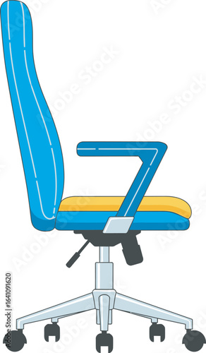 Side profile of a modern blue and yellow ergonomic gaming chair with a high backrest and silver base