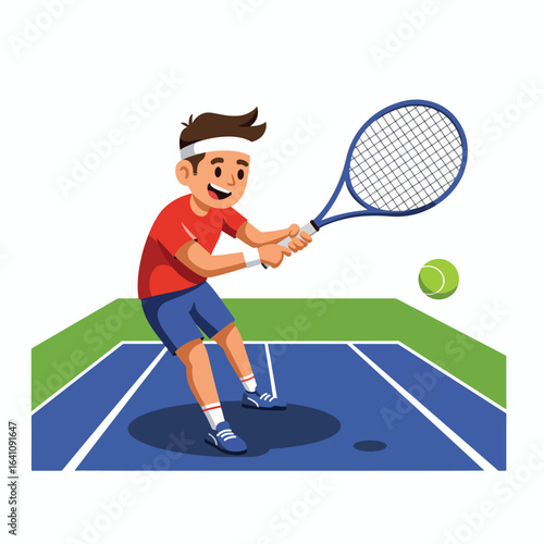 Happy young boy playing tennis, executing a powerful forehand swing with his racquet. Cartoon illustration of a child athlete in action on a court.