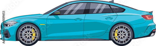Sleek turquoise sports sedan illustration in side profile featuring yellow brake calipers a black roof and multispoke alloy wheels