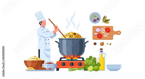 Professional chef stirring aromatic biryani in a large pot on a stove, surrounded by fresh ingredients and spices, flat vector illustration.