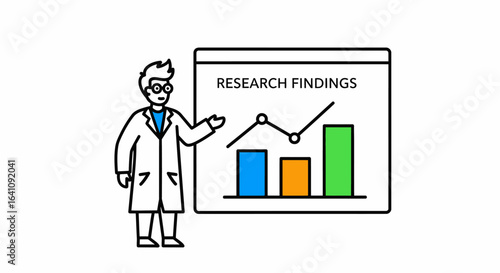 Scientist presenting research findings with a colorful bar graph and line chart