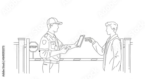 Security Guard Checking ID at Entrance Gate, Line Art Illustration
