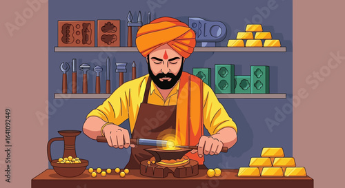 Skilled Craftsman Forging Gold with Traditional Tools and Turban