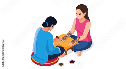 Skilled henna artist applying intricate traditional mehndi designs to a smiling woman's hands and forearms.