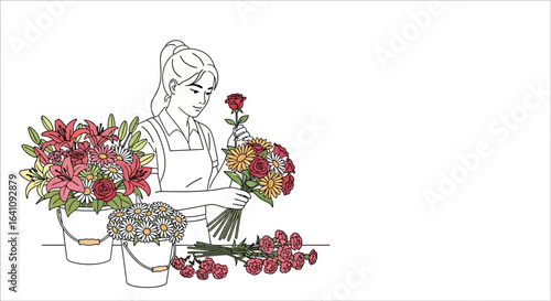 Smiling female florist with a ponytail in an apron arranging a colorful bouquet of roses, lilies, and daisies.