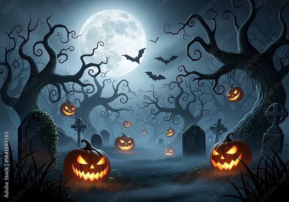 Fototapeta premium Spooky Halloween graveyard background with glowing jack o' lanterns, eerie cemetery under a full moon, haunted forest with bats and tombstones
