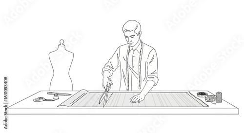 Tailor Cutting Fabric with Scissors, Wearing Measuring Tape, Line Art