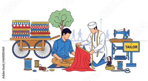 Tailor measuring red fabric with customer beside stacks of colorful patterned textiles