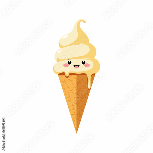 A Cute and Playful Illustration of a Smiling Soft Serve Ice Cream Cone with Dripping Creaminess, Perfectly Capturing Sweetness and Joy