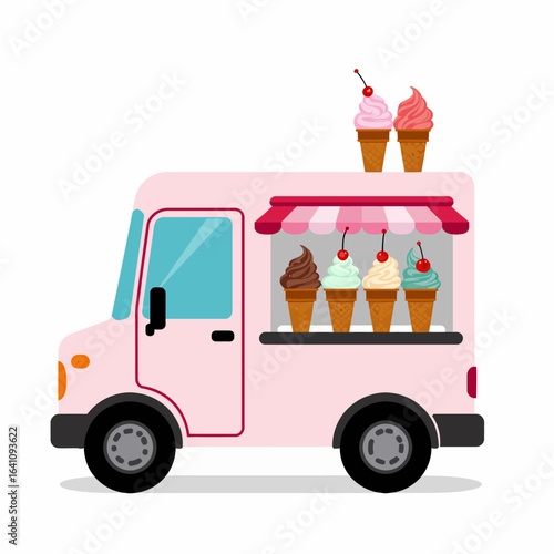 A Vibrant Pink Ice Cream Truck Capturing the Joy of Summer with Delicious Ice Cream Cones in Various Flavors Topped with Cherries