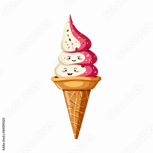 A Delightful Illustration of a Smiling Three-Scoop Ice Cream Cone Topped with Colorful Sprinkles, Showcasing Whimsical Features and Playful Design