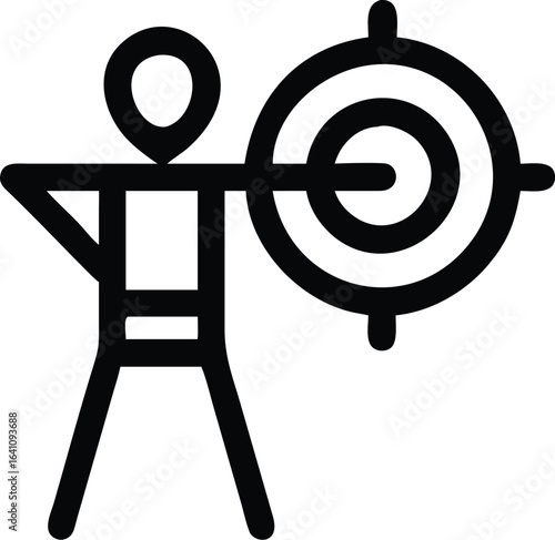 A shooting target with an arrow hits a 3D wooden target with a sign on a ladder
