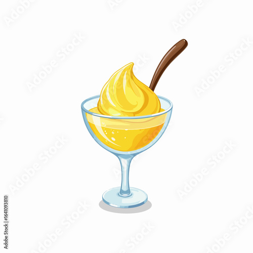 Indulge in the Creamy Delight of a Perfectly Whipped Mango Sorbet, Served in an Elegant Glass with a Stylish Wooden Spoon for a Refreshing Treat