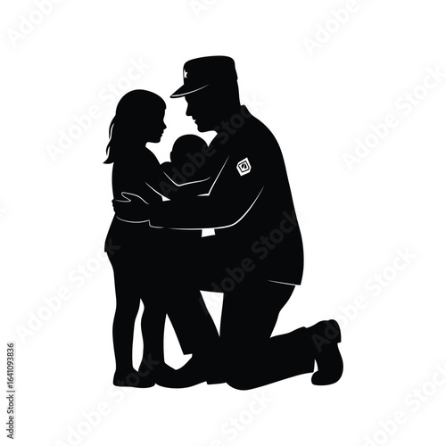 Silhouette of a soldier kneeling embracing his daughter heartwarming reunion military family father daughter love vector illustration