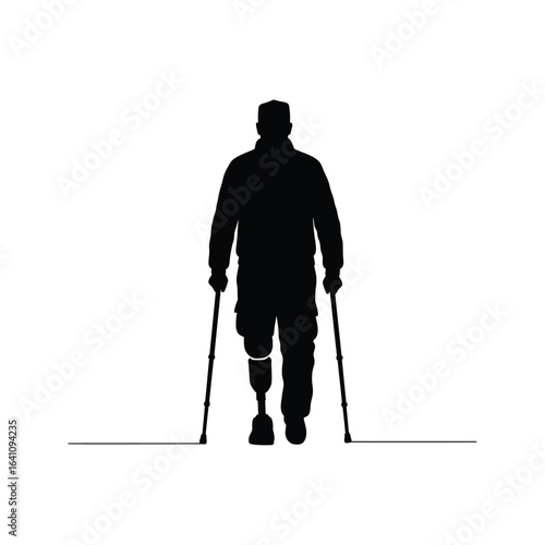 Amputee Man Walking with Crutches Silhouette  Disability Perseverance Strength Vector Illustration