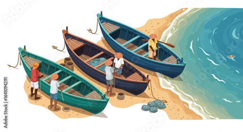 Three Wooden Fishing Boats on Sandy Beach with Fishermen