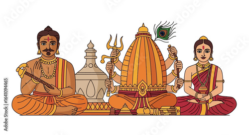 Traditional Hindu Deities and Sages Seated with Trident, Peacock Feather, and Pot
