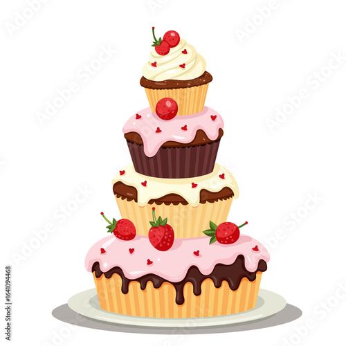 Deliciously Decorated Layered Cake with Cupcakes and Fresh Strawberries on a White Plate Surrounded by Festive Elements Perfect for Celebrations