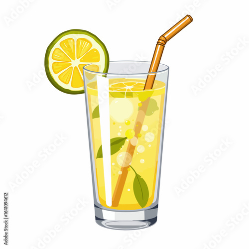 A refreshing glass of lemon-lime soda served with a straw and garnished with a slice of lemon, perfect for sipping on a hot day.