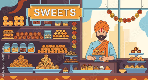 Traditional Indian sweet shop illustration with a male vendor in a turban selling colorful mithai.