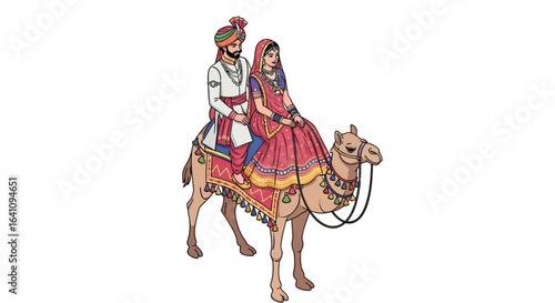Traditional Indian Wedding Couple Riding Decorated Camel in Vibrant Attire