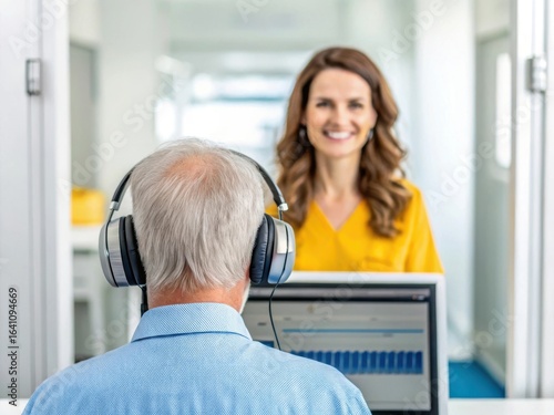 Audiologist assists patient with hearing test and consultation