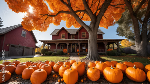 Halloween Rustic autumn decorations bursting with vibrant oranges and deep reds captured in wide-angle photography using a polarizing filter