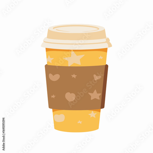 Whimsical Hot Beverage Cup Featuring Delightful Star and Heart Patterns on a Bright Yellow Background for a Cheerful Coffee Experience