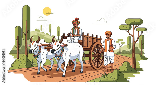 Two Indian farmers in traditional turbans traveling with a wooden bullock cart pulled by two decorated white oxen.
