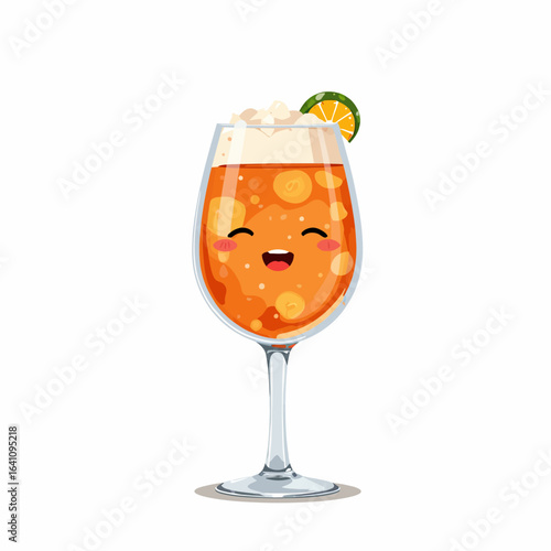A Cheerful Cartoon Beverage with a Smiling Face, Topped with Cream and a Slice of Lime in a Stylish Glass, Perfect for Refreshing Summer Vibes