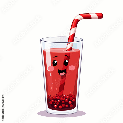 Cheerful Cartoon Glass of Berry Juice with Joyful Face and Striped Straw, Accompanied by Colorful Bubbles at the Bottom, Perfect for Refreshing Drinks